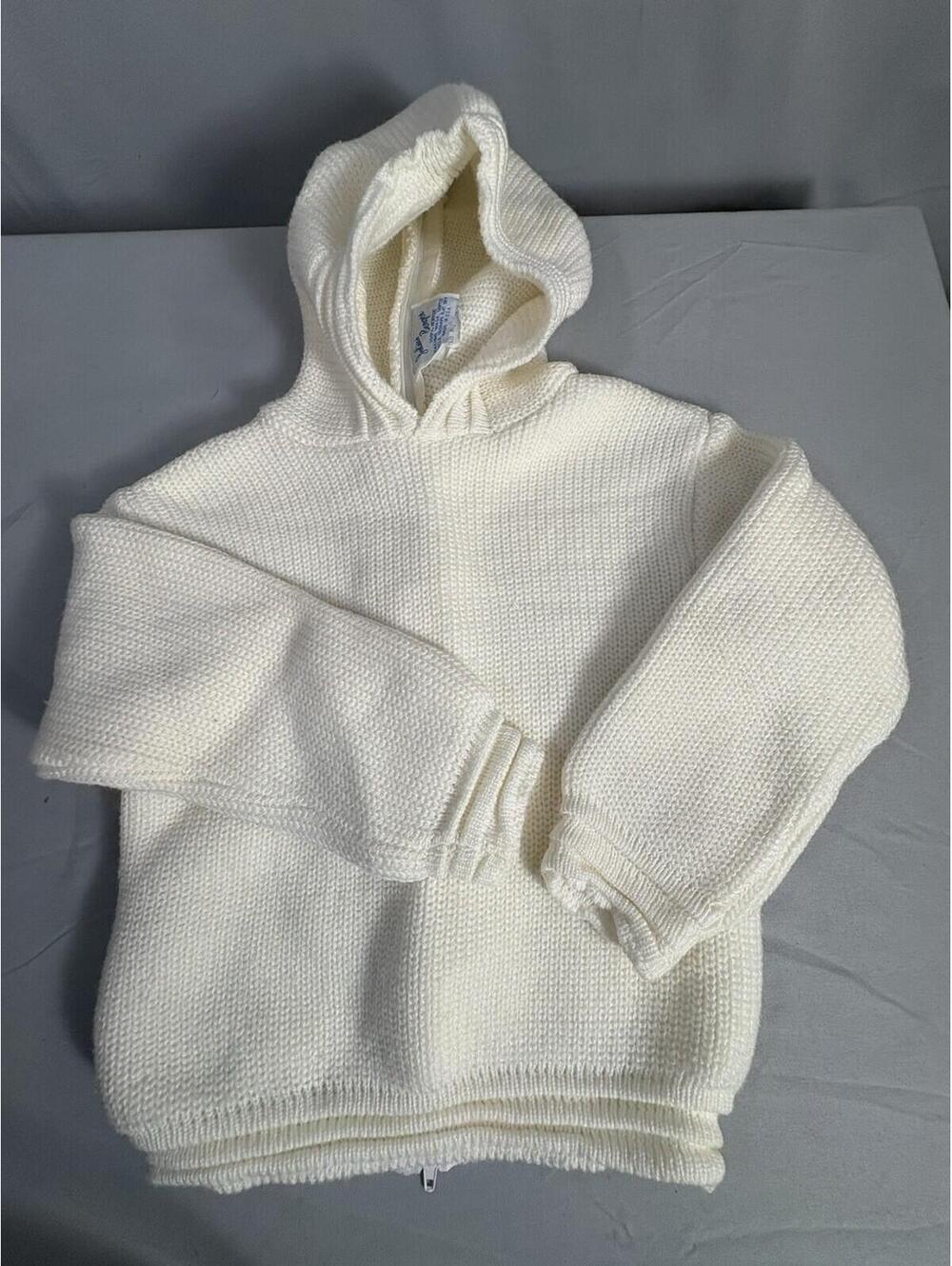 Vintage Julius Berger Baby Hooded Sweater Jacket 18 Mo USA Cream Knit Zip Back